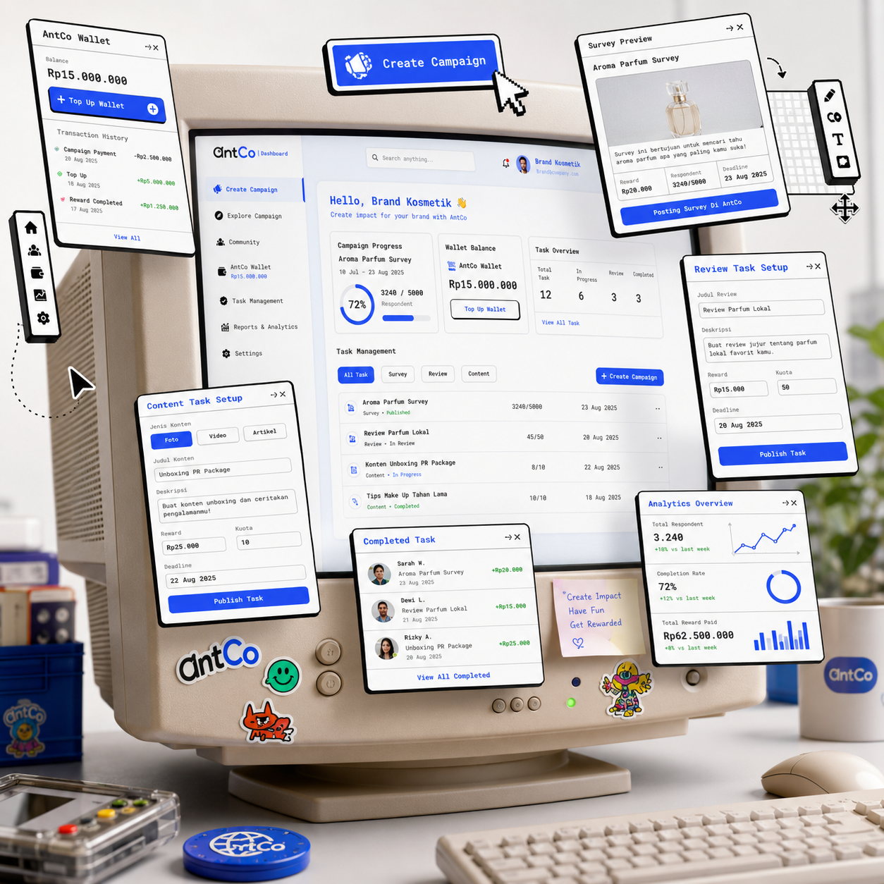 Dashboard brand AntCo — kelola campaign & task